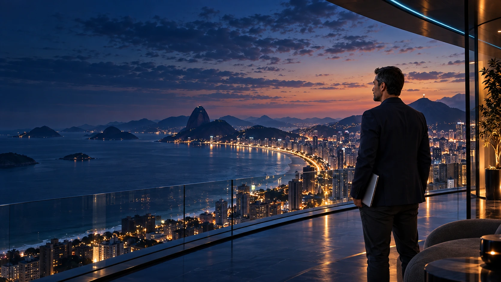 Cena ilustrativa de um profissional diante de uma cidade conectada