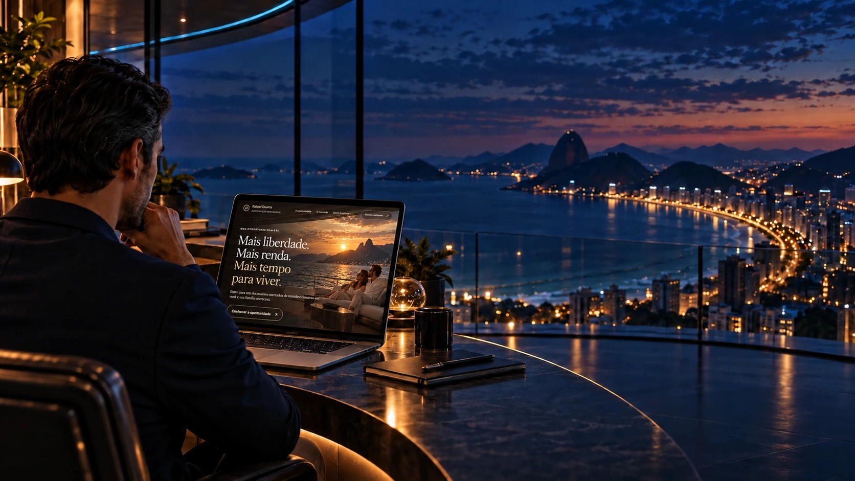Profissional consultando a página Prestige no notebook; a tela se aproxima ao rolar
