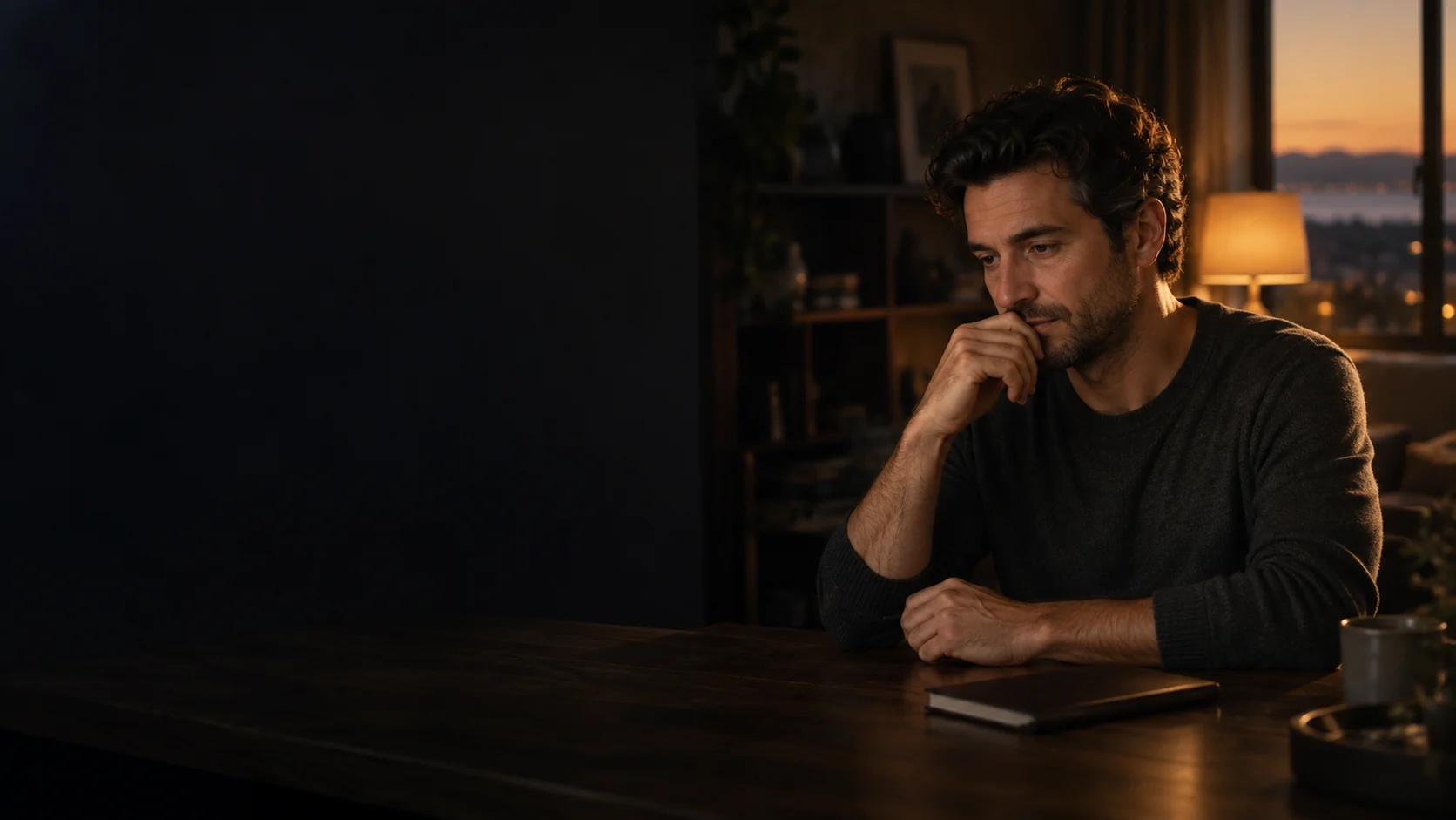 Cena ilustrativa de um homem refletindo à mesa sob luz quente.