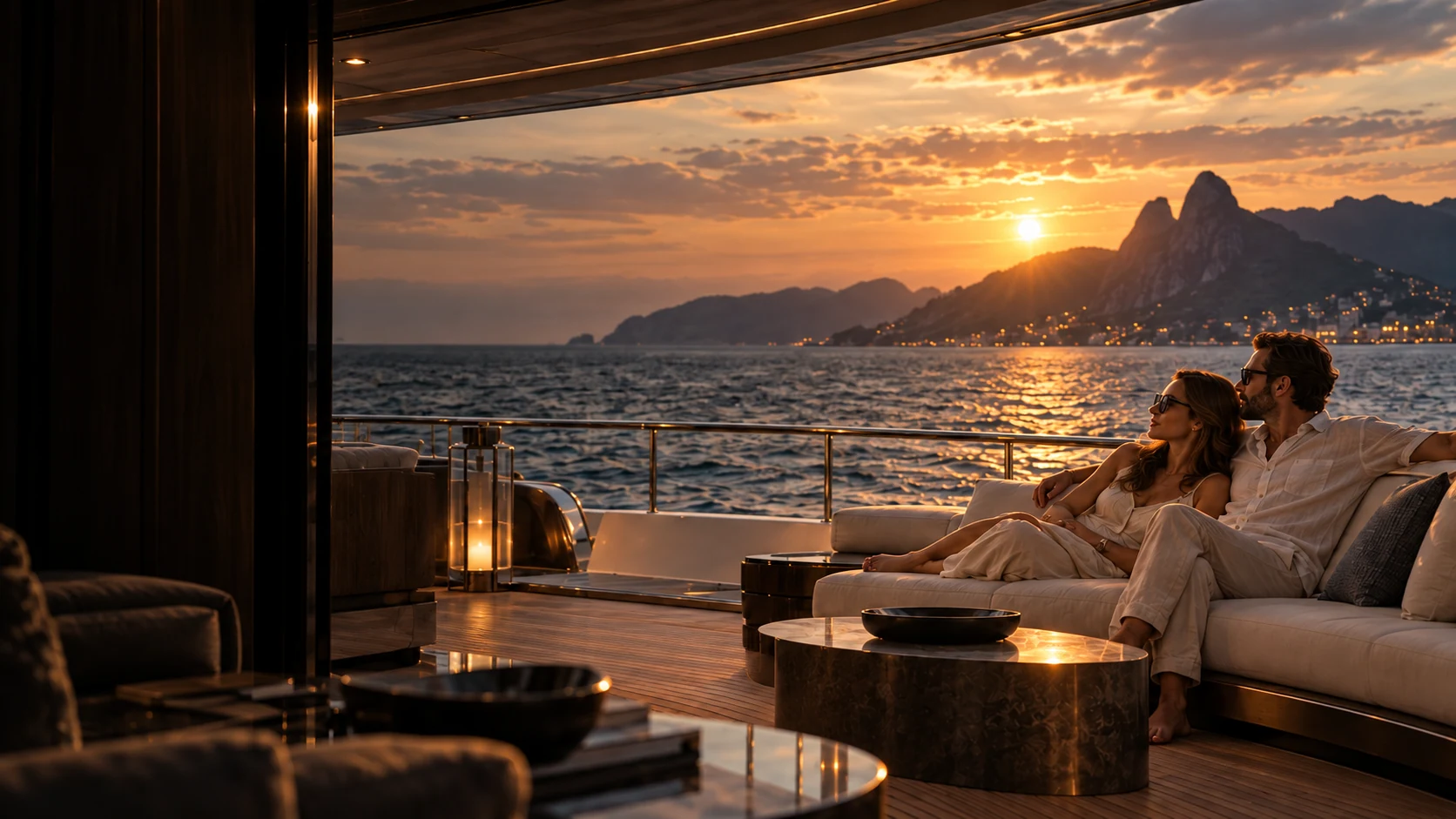 Cena ilustrativa de um casal descansando em um iate ao pôr do sol.